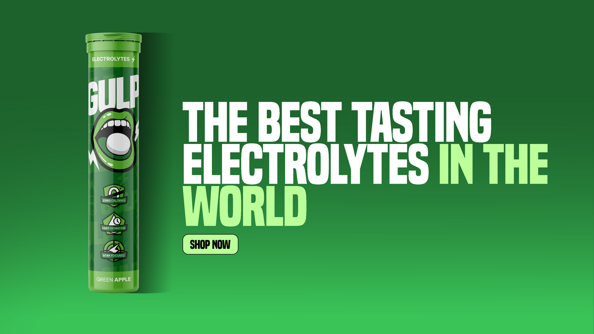 GULP green apple electrolyte tube surrounded by high-energy hand-drawn graphics